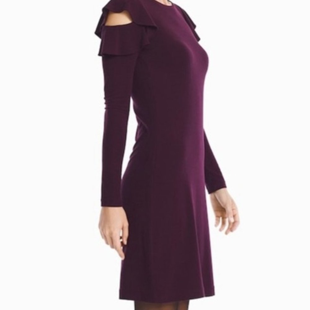 White House black market ruffle cold shoulder sheath dress Large cabernet color